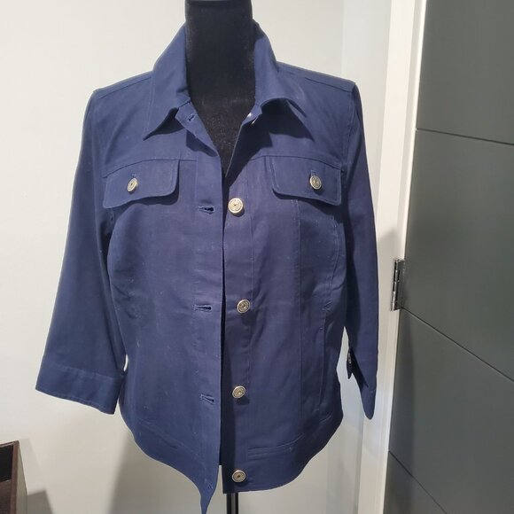 Isaac Mizrahi Navy Blue Linen Blend  Denim Style 3/4 Sleeve Jacket  10 - Picture 3 of 8